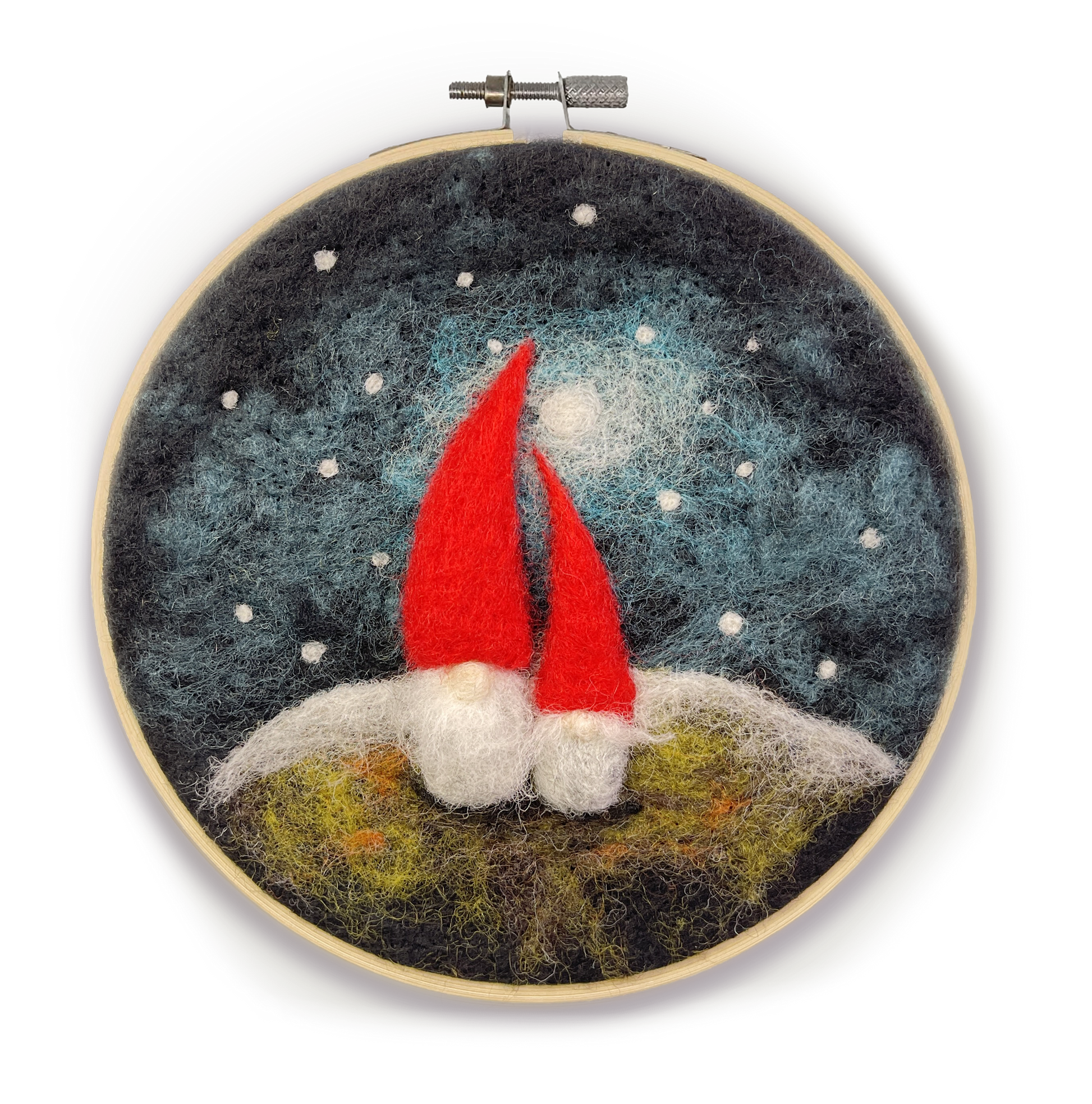 gnome needle felting kit, diy gnome craft kit, beginner needle felting project, felted gnome wall art, 2D felting kit with hoop, wool felting kit for adults, crafty kit company gnome kit, handmade in Scotland craft, hoop needle felting decor, gnome art kit