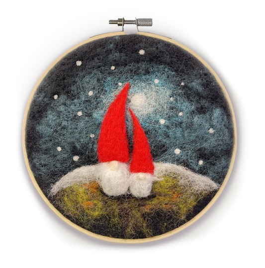gnome needle felting kit, diy gnome craft kit, beginner needle felting project, felted gnome wall art, 2D felting kit with hoop, wool felting kit for adults, crafty kit company gnome kit, handmade in Scotland craft, hoop needle felting decor, gnome art kit