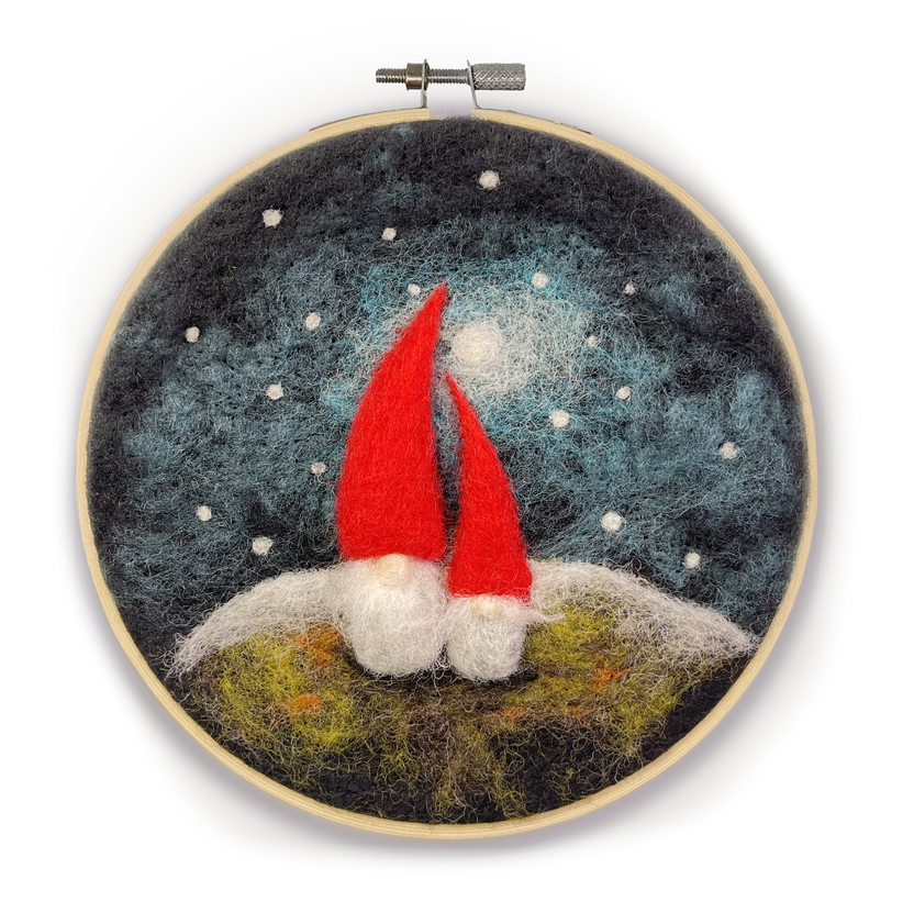 gnome needle felting kit, diy gnome craft kit, beginner needle felting project, felted gnome wall art, 2D felting kit with hoop, wool felting kit for adults, crafty kit company gnome kit, handmade in Scotland craft, hoop needle felting decor, gnome art kit