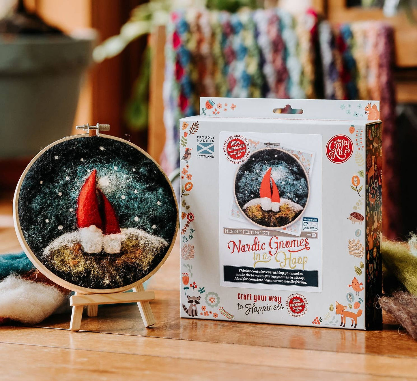 gnome needle felting kit, diy gnome craft kit, beginner needle felting project, felted gnome wall art, 2D felting kit with hoop, wool felting kit for adults, crafty kit company gnome kit, handmade in Scotland craft, hoop needle felting decor, gnome art kit