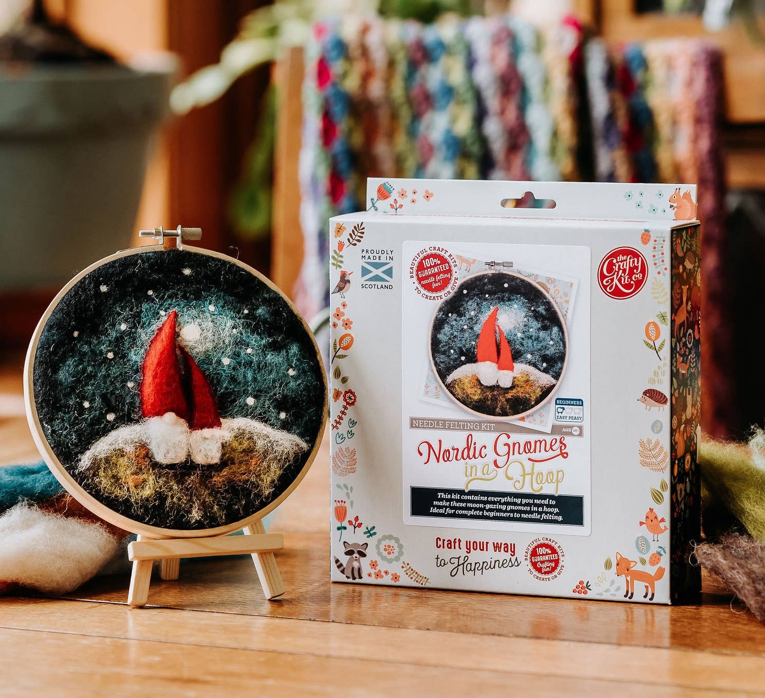 gnome needle felting kit, diy gnome craft kit, beginner needle felting project, felted gnome wall art, 2D felting kit with hoop, wool felting kit for adults, crafty kit company gnome kit, handmade in Scotland craft, hoop needle felting decor, gnome art kit