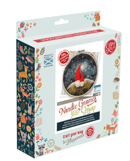 gnome needle felting kit, diy gnome craft kit, beginner needle felting project, felted gnome wall art, 2D felting kit with hoop, wool felting kit for adults, crafty kit company gnome kit, handmade in Scotland craft, hoop needle felting decor, gnome art kit
