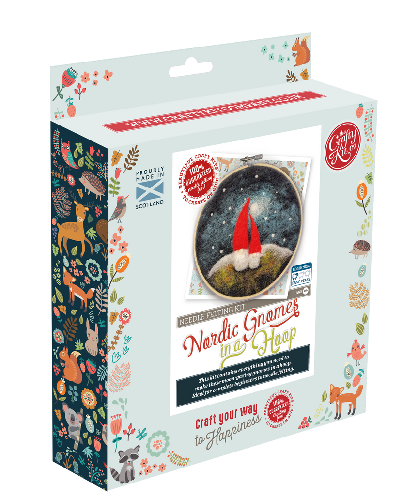 gnome needle felting kit, diy gnome craft kit, beginner needle felting project, felted gnome wall art, 2D felting kit with hoop, wool felting kit for adults, crafty kit company gnome kit, handmade in Scotland craft, hoop needle felting decor, gnome art kit