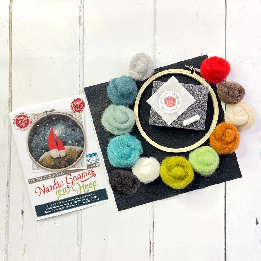 gnome needle felting kit, diy gnome craft kit, beginner needle felting project, felted gnome wall art, 2D felting kit with hoop, wool felting kit for adults, crafty kit company gnome kit, handmade in Scotland craft, hoop needle felting decor, gnome art kit