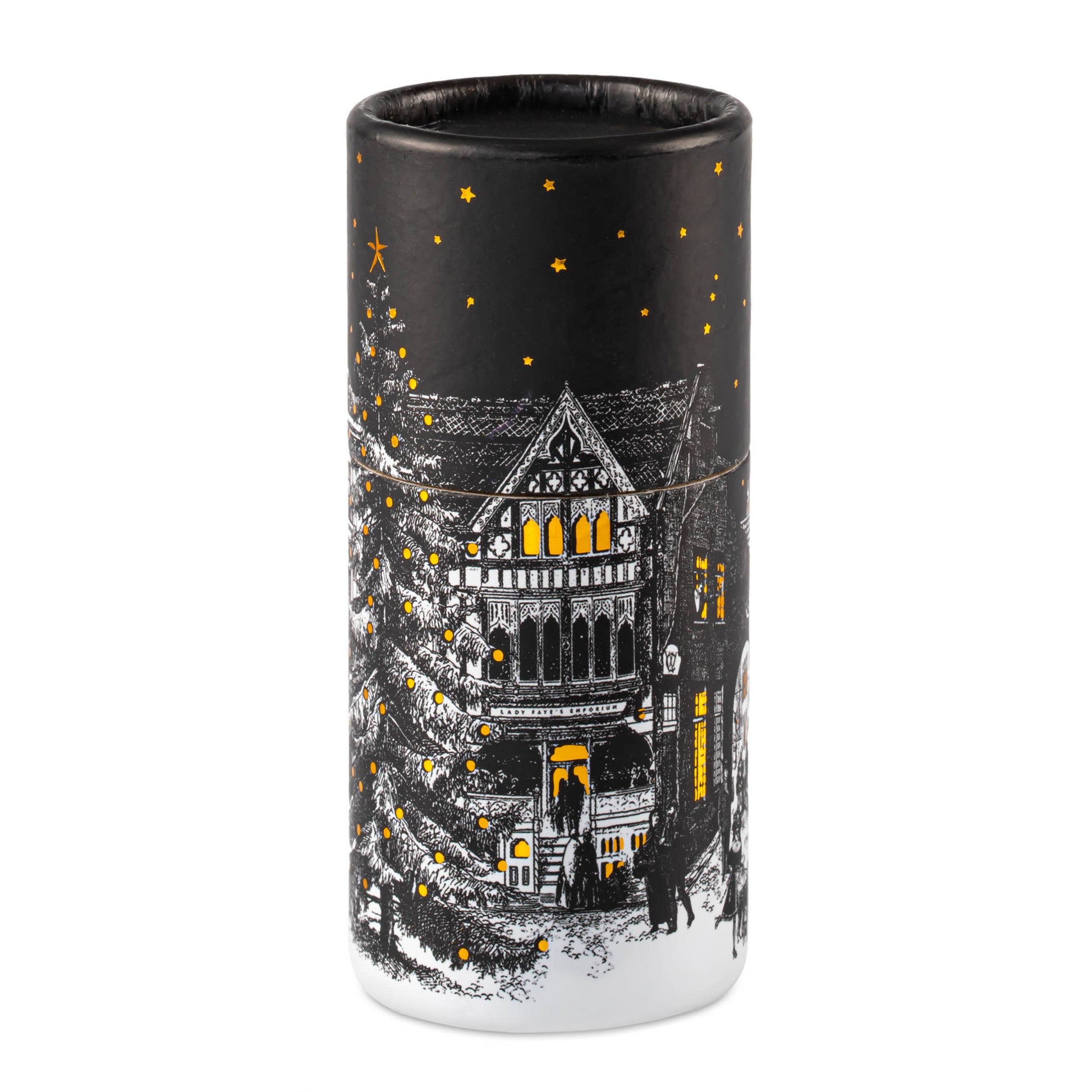 Starry Night match cylinder, Chase & Wonder artwork, large holiday match tube, Christmas town square illustration, luxury safety matches, gold foil winter design, festive mantel décor, UK-made match cylinder, Christmas Eve artwork, elegant fireplace matches, collectible holiday home accessories, Archivist Christmas collection, Rogue & Rye curated gifts, cozy seasonal décor.