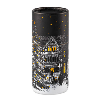 Starry Night match cylinder, Chase & Wonder artwork, large holiday match tube, Christmas town square illustration, luxury safety matches, gold foil winter design, festive mantel décor, UK-made match cylinder, Christmas Eve artwork, elegant fireplace matches, collectible holiday home accessories, Archivist Christmas collection, Rogue & Rye curated gifts, cozy seasonal décor.