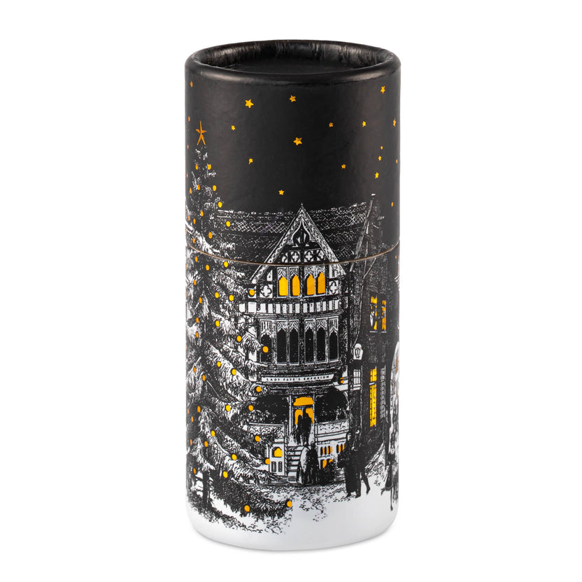 Starry Night match cylinder, Chase & Wonder artwork, large holiday match tube, Christmas town square illustration, luxury safety matches, gold foil winter design, festive mantel décor, UK-made match cylinder, Christmas Eve artwork, elegant fireplace matches, collectible holiday home accessories, Archivist Christmas collection, Rogue & Rye curated gifts, cozy seasonal décor.
