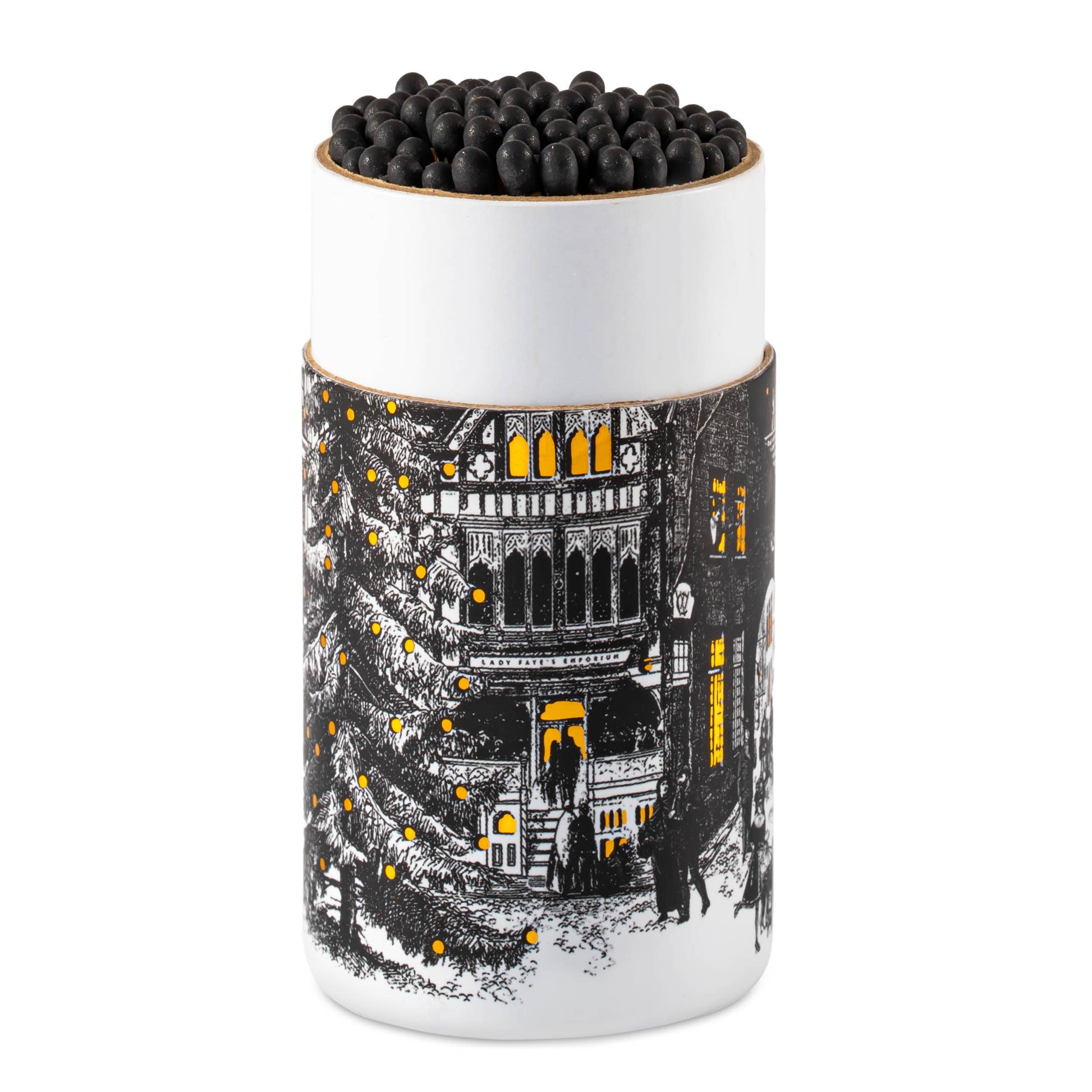 Starry Night match cylinder, Chase & Wonder artwork, large holiday match tube, Christmas town square illustration, luxury safety matches, gold foil winter design, festive mantel décor, UK-made match cylinder, Christmas Eve artwork, elegant fireplace matches, collectible holiday home accessories, Archivist Christmas collection, Rogue & Rye curated gifts, cozy seasonal décor.