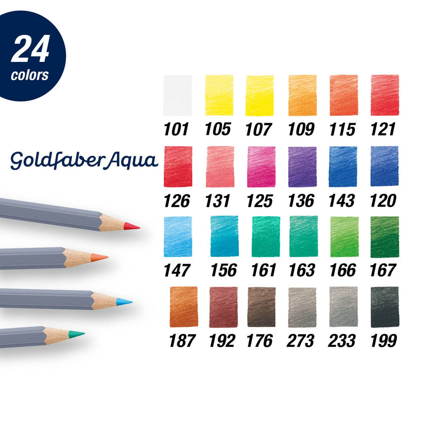 Goldfaber Aqua watercolor pencils, Faber-Castell watercolor pencils, artist watercolor pencil set, watercolor pencils tin 24, water-soluble colored pencils, watercolor pencils for beginners, best watercolor pencils, blendable watercolor art supplies, watercolor sketching tools, colored pencil watercolor techniques