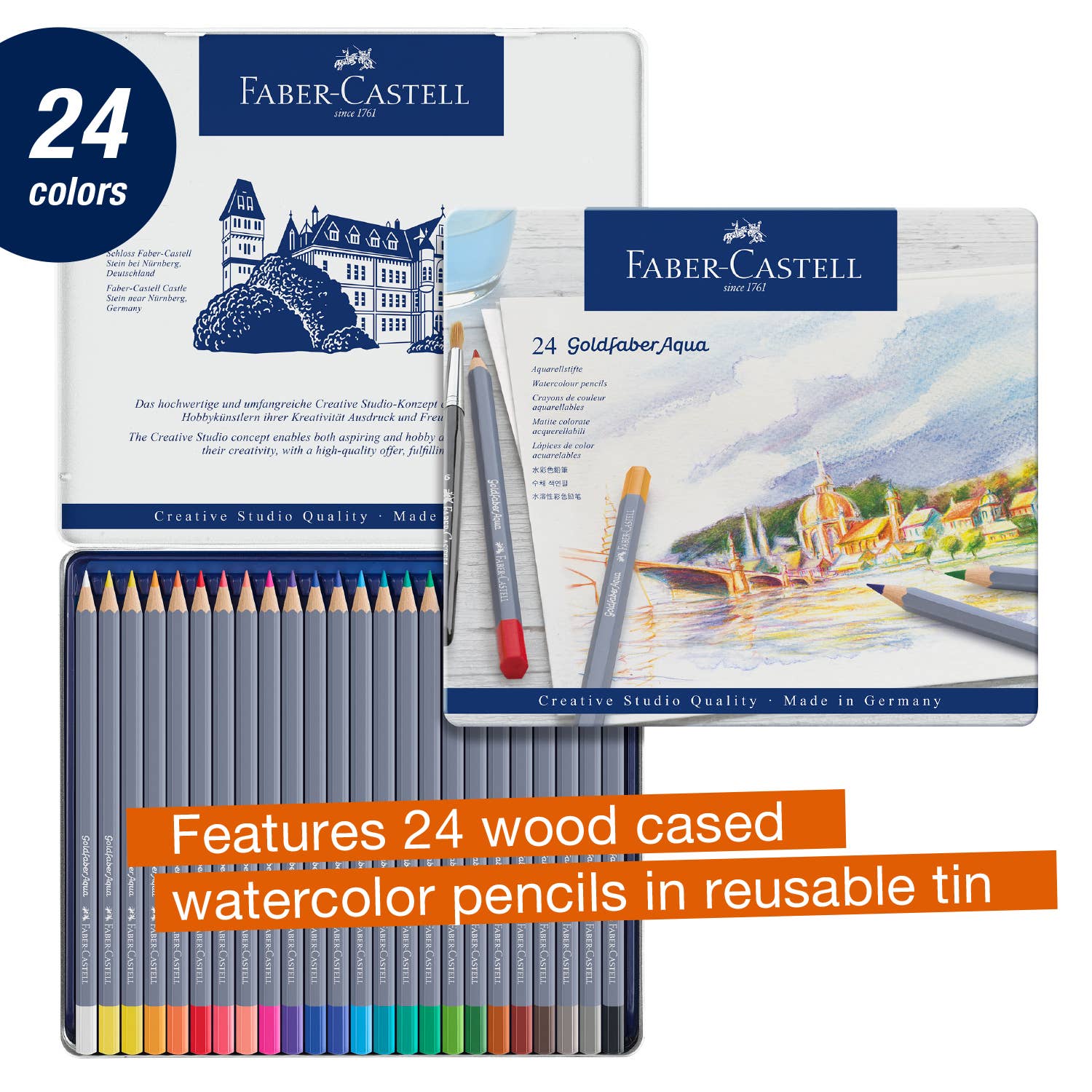 Goldfaber Aqua watercolor pencils, Faber-Castell watercolor pencils, artist watercolor pencil set, watercolor pencils tin 24, water-soluble colored pencils, watercolor pencils for beginners, best watercolor pencils, blendable watercolor art supplies, watercolor sketching tools, colored pencil watercolor techniques