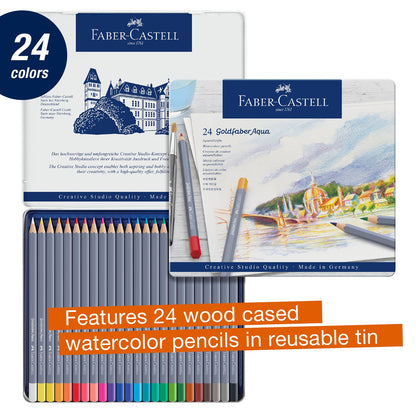 Goldfaber Aqua watercolor pencils, Faber-Castell watercolor pencils, artist watercolor pencil set, watercolor pencils tin 24, water-soluble colored pencils, watercolor pencils for beginners, best watercolor pencils, blendable watercolor art supplies, watercolor sketching tools, colored pencil watercolor techniques