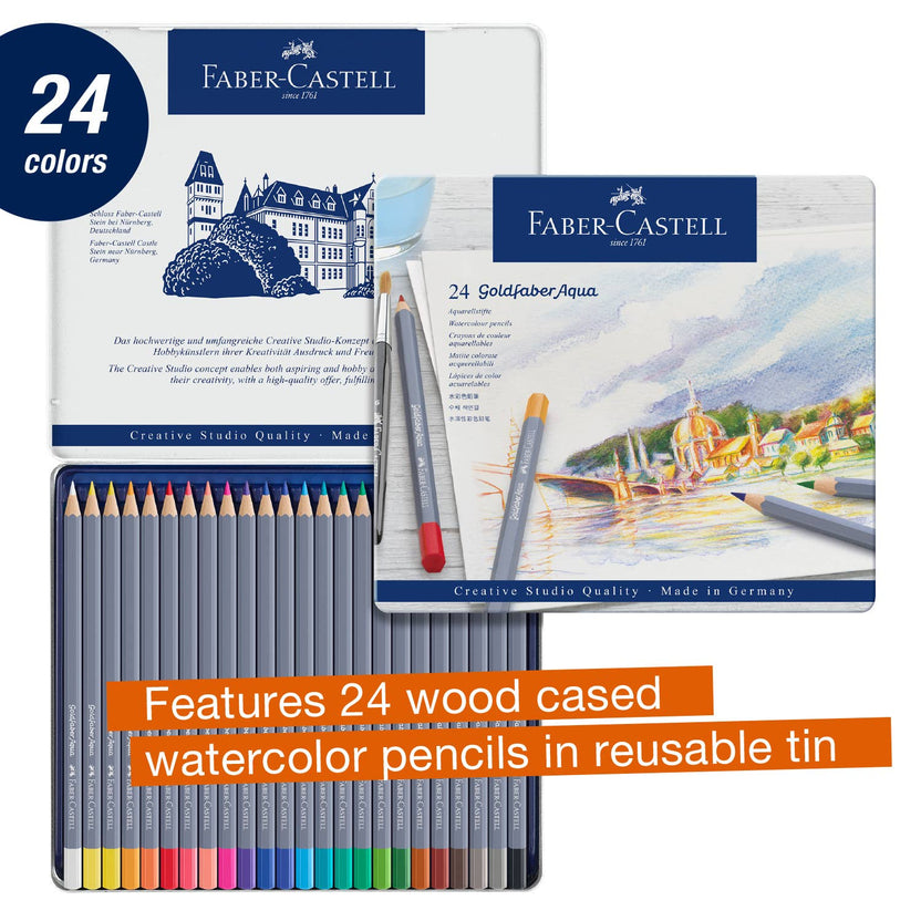 Goldfaber Aqua watercolor pencils, Faber-Castell watercolor pencils, artist watercolor pencil set, watercolor pencils tin 24, water-soluble colored pencils, watercolor pencils for beginners, best watercolor pencils, blendable watercolor art supplies, watercolor sketching tools, colored pencil watercolor techniques