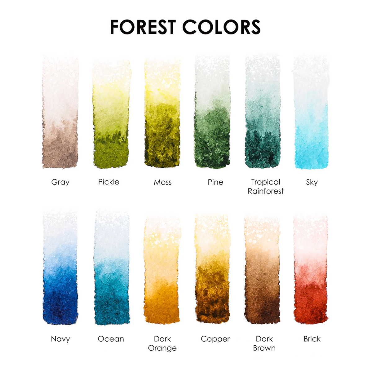 Twelve-color forest watercolor palette with earthy greens, browns, blues, and yellow