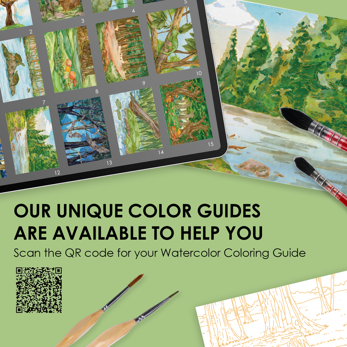 Forest watercolor color guide showing twelve paint colors and suggested combinations
