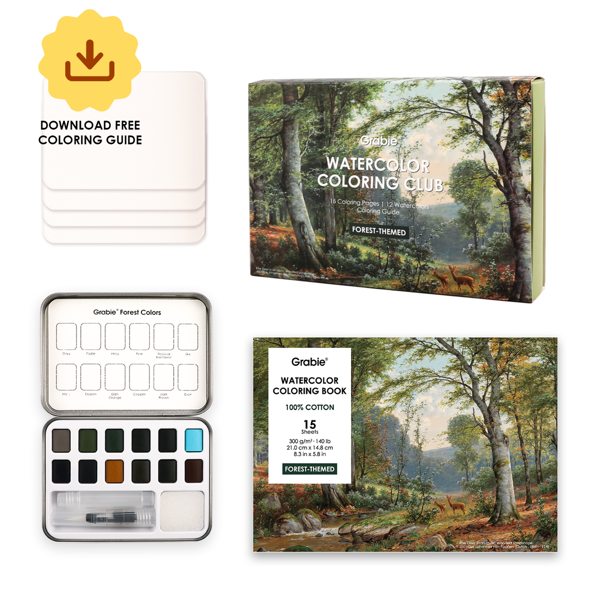 Grabie Forest Watercolor Coloring Club Box with paint set and nature coloring book