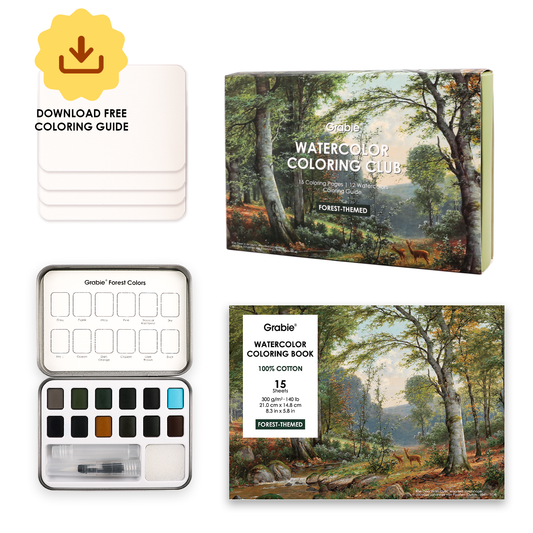 Grabie Forest Watercolor Coloring Club Box with paint set and nature coloring book