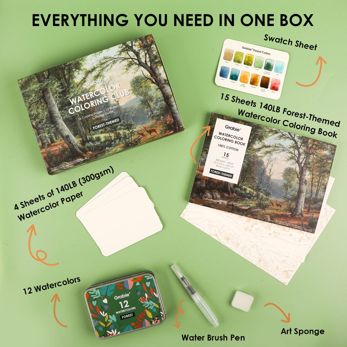 Grabie forest coloring kit with watercolor palette, book, brush, and painting supplies
