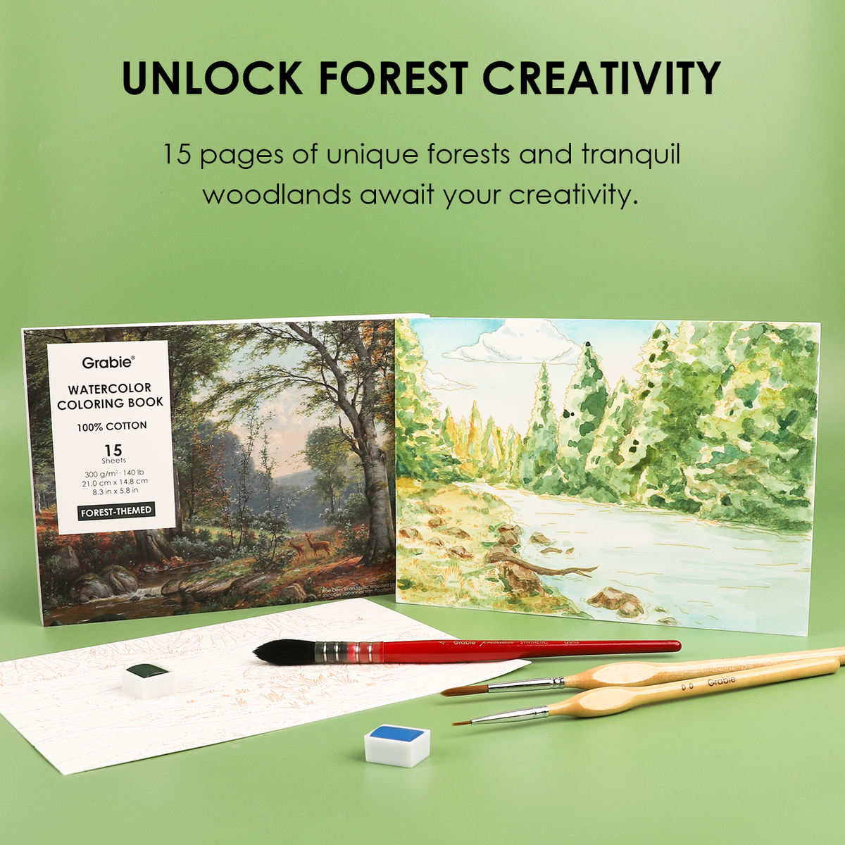 Forest-themed watercolor coloring pages with woodland plants and nature illustrations