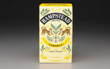hampstead organic camomile tea, biodynamic chamomile tea, organic calming herbal tea, caffeine free relaxation tea, golden chamomile flowers, soothing camomile infusion, bedtime herbal tea organic, gentle relaxation tea, mark t wendell hampstead, rogue & rye tea collection