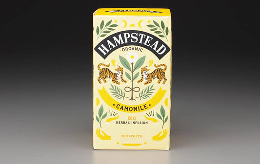 hampstead organic camomile tea, biodynamic chamomile tea, organic calming herbal tea, caffeine free relaxation tea, golden chamomile flowers, soothing camomile infusion, bedtime herbal tea organic, gentle relaxation tea, mark t wendell hampstead, rogue & rye tea collection