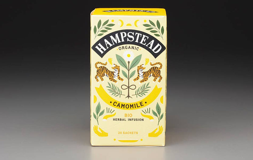 hampstead organic camomile tea, biodynamic chamomile tea, organic calming herbal tea, caffeine free relaxation tea, golden chamomile flowers, soothing camomile infusion, bedtime herbal tea organic, gentle relaxation tea, mark t wendell hampstead, rogue & rye tea collection