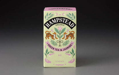 hampstead organic jasmine green tea, biodynamic jasmine tea, organic green tea jasmine, italian bergamot jasmine tea, floral green tea blend, delicate jasmine tea, whole leaf biodegradable teabags, calming aromatic tea, mark t wendell hampstead, rogue & rye tea collection