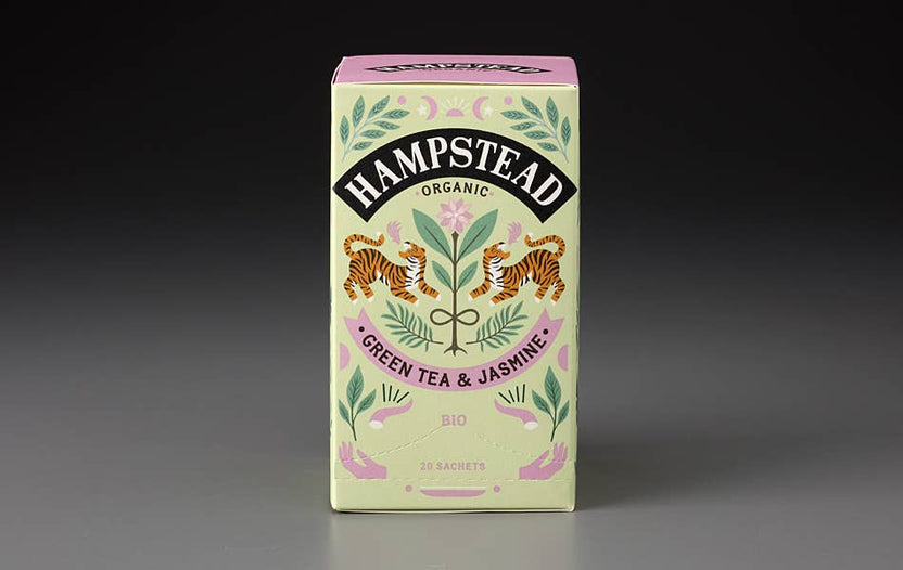 hampstead organic jasmine green tea, biodynamic jasmine tea, organic green tea jasmine, italian bergamot jasmine tea, floral green tea blend, delicate jasmine tea, whole leaf biodegradable teabags, calming aromatic tea, mark t wendell hampstead, rogue & rye tea collection