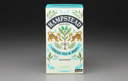 hampstead organic green tea mint, biodynamic mint tea, organic peppermint spearmint tea, darjeeling green tea blend, whole leaf biodegradable teabags, organic liquorice mint tea, refreshing mint green tea, mark t wendell hampstead, nature-grown tea blends, rogue & rye tea collection