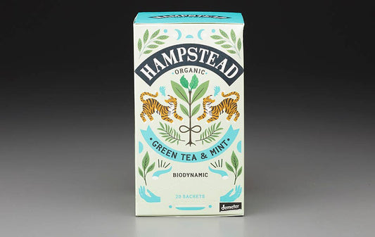 hampstead organic green tea mint, biodynamic mint tea, organic peppermint spearmint tea, darjeeling green tea blend, whole leaf biodegradable teabags, organic liquorice mint tea, refreshing mint green tea, mark t wendell hampstead, nature-grown tea blends, rogue & rye tea collection