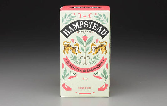 hampstead organic green tea raspberry, biodynamic raspberry tea, organic green tea with berries, wild raspberry tea blend, darjeeling raspberry tea, whole leaf biodegradable teabags, fruity green tea, organic berry green tea, mark t wendell hampstead, rogue & rye tea collection