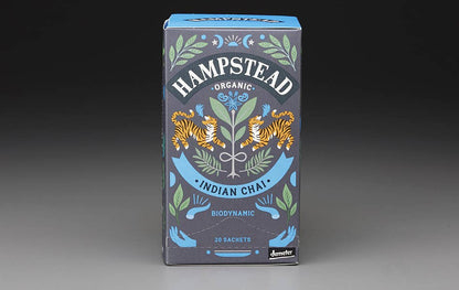 hampstead organic indian chai, biodynamic chai tea, organic darjeeling chai, spiced black tea chai, traditional indian chai blend, organic spice tea, chai with milk, uplifting chai tea, mark t wendell hampstead, rogue & rye tea collection