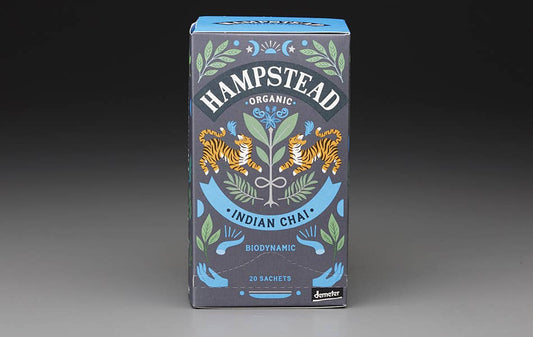 hampstead organic indian chai, biodynamic chai tea, organic darjeeling chai, spiced black tea chai, traditional indian chai blend, organic spice tea, chai with milk, uplifting chai tea, mark t wendell hampstead, rogue & rye tea collection