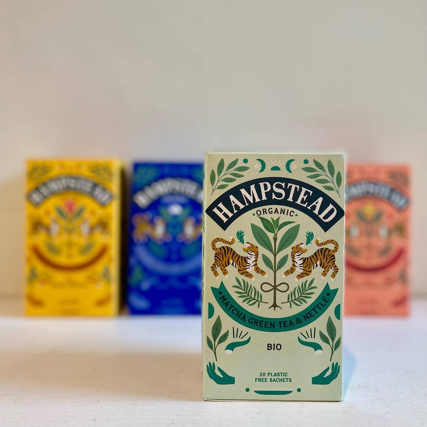 hampstead organic matcha nettle tea, biodynamic green tea, organic matcha blend, darjeeling matcha tea, nettle herbal green tea, revitalizing matcha tea, gentle matcha blend, organic whole leaf teabags, mark t wendell hampstead, rogue & rye tea collection
