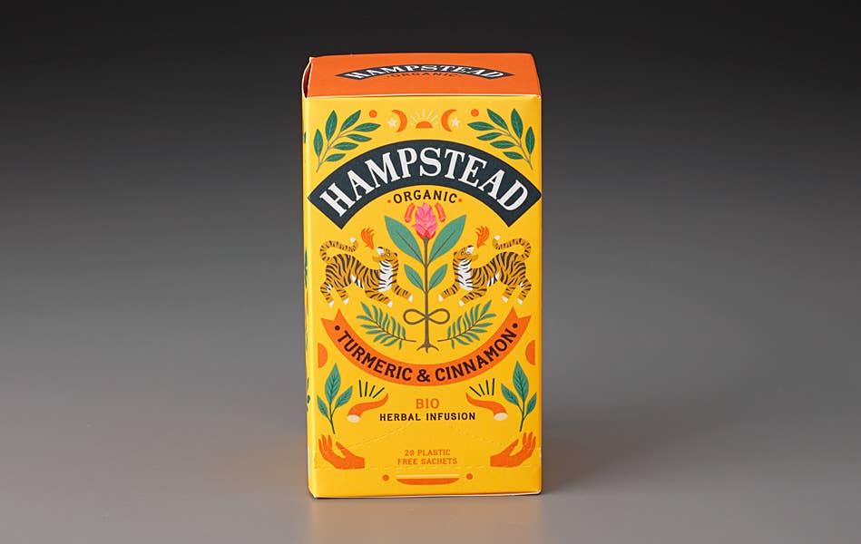 hampstead organic turmeric cinnamon tea, biodynamic herbal tea, organic turmeric ginger tea, anti inflammatory turmeric tea, warming cinnamon herbal tea, caffeine free spiced tea, turmeric wellness infusion, organic healing tea blend, mark t wendell hampstead, rogue & rye tea collection