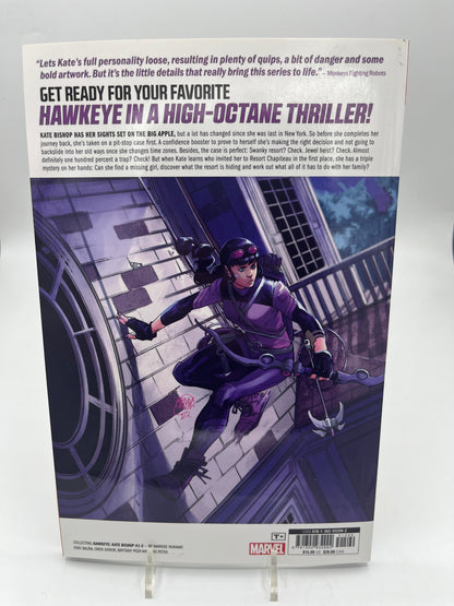 Back cover featuring Kate Bishop as Hawkeye scaling a building with her bow, along with the series description and Marvel Comics publishing information.