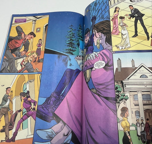 Interior spread from a Hawkeye graphic novel featuring Kate Bishop in costume alongside supporting characters in a dialogue-driven scene.