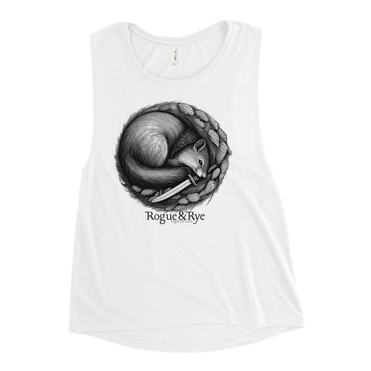 heritage rogue tank, rogue squirrel muscle tank, low armhole flowy tank, fantasy art tank top, rogue and rye summer top, hops and dagger tank, fitted gamer tank, cozy sleeveless tee, unisex fantasy tank, relaxed fit art tank, oeko-tex flowy tank, rogue character apparel, board game night outfit, creative lifestyle wear, lightweight fantasy tank, mischievous squirrel shirt