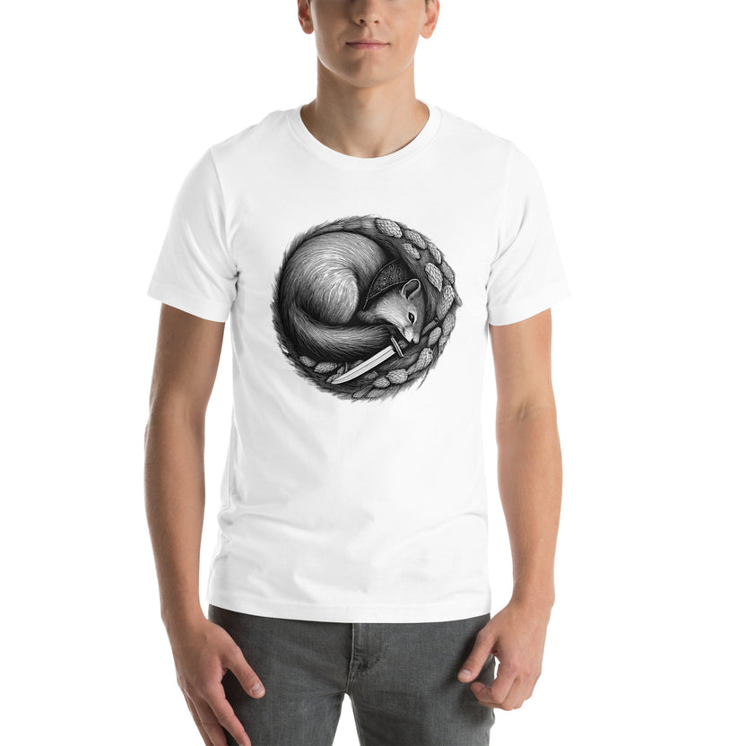 heritage rogue unisex tee, rogue squirrel shirt, soft cotton fantasy tee, unisex gamer shirt, rogue and rye apparel, hops and dagger t-shirt, dnd character tee, tabletop game night shirt, flattering fantasy shirt, rogue and rye merch, soft stretch t-shirt, creative adventure shirt, pre-shrunk cotton tee, everyday gamer shirt, mischievous squirrel design, fantasy character clothing