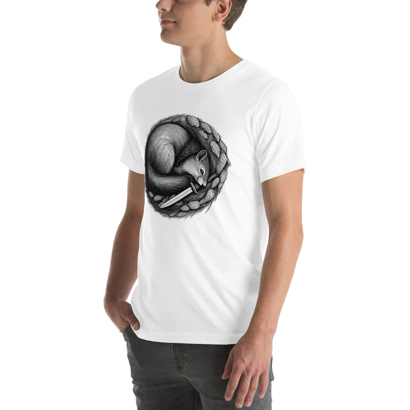 heritage rogue unisex tee, rogue squirrel shirt, soft cotton fantasy tee, unisex gamer shirt, rogue and rye apparel, hops and dagger t-shirt, dnd character tee, tabletop game night shirt, flattering fantasy shirt, rogue and rye merch, soft stretch t-shirt, creative adventure shirt, pre-shrunk cotton tee, everyday gamer shirt, mischievous squirrel design, fantasy character clothing
