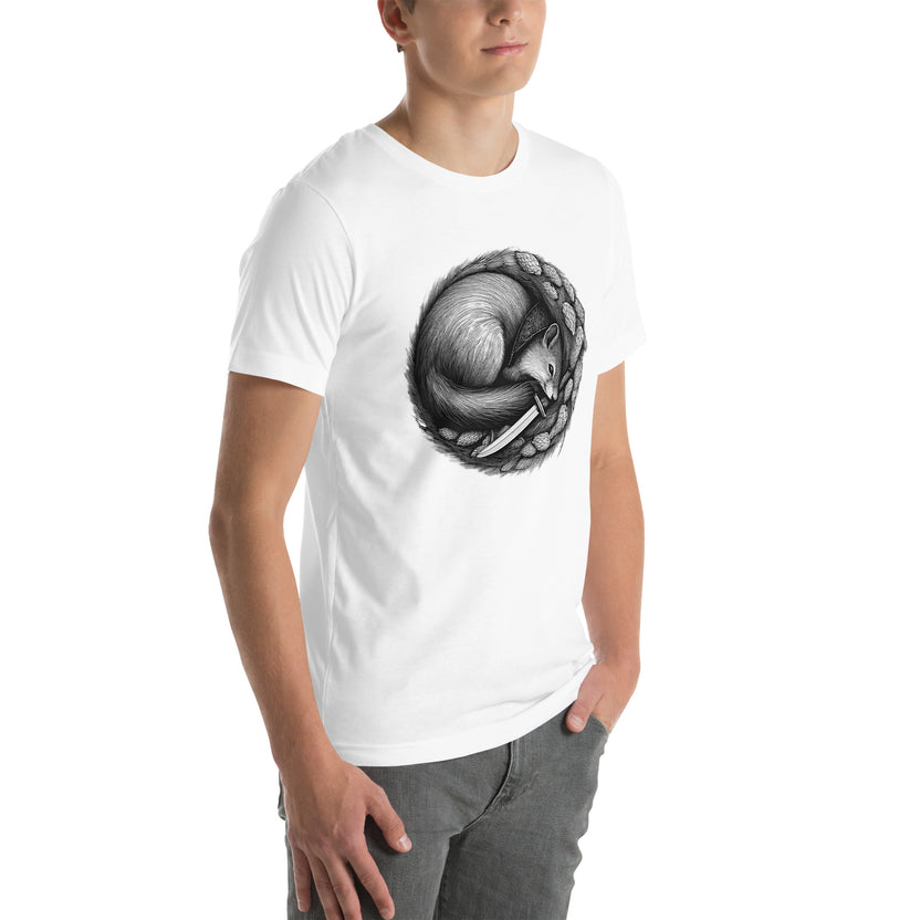 heritage rogue unisex tee, rogue squirrel shirt, soft cotton fantasy tee, unisex gamer shirt, rogue and rye apparel, hops and dagger t-shirt, dnd character tee, tabletop game night shirt, flattering fantasy shirt, rogue and rye merch, soft stretch t-shirt, creative adventure shirt, pre-shrunk cotton tee, everyday gamer shirt, mischievous squirrel design, fantasy character clothing