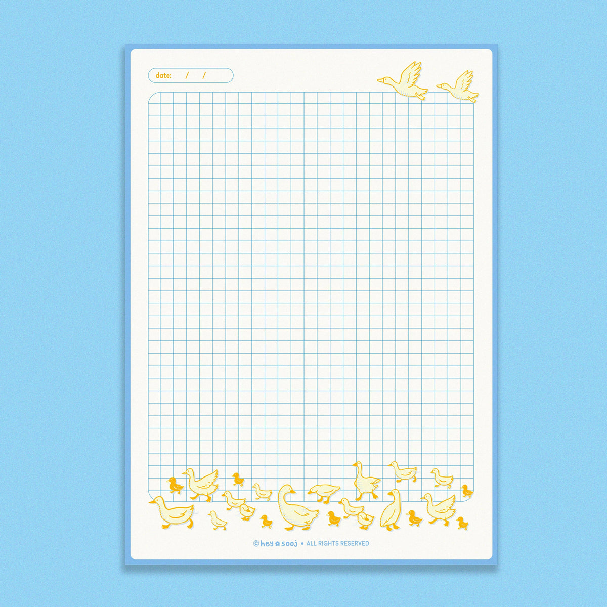 Duck, Duck, Notes grid notepad with yellow ducks illustrated around the page