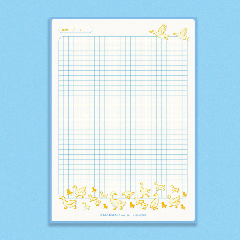 Duck, Duck, Notes grid notepad with yellow ducks illustrated around the page