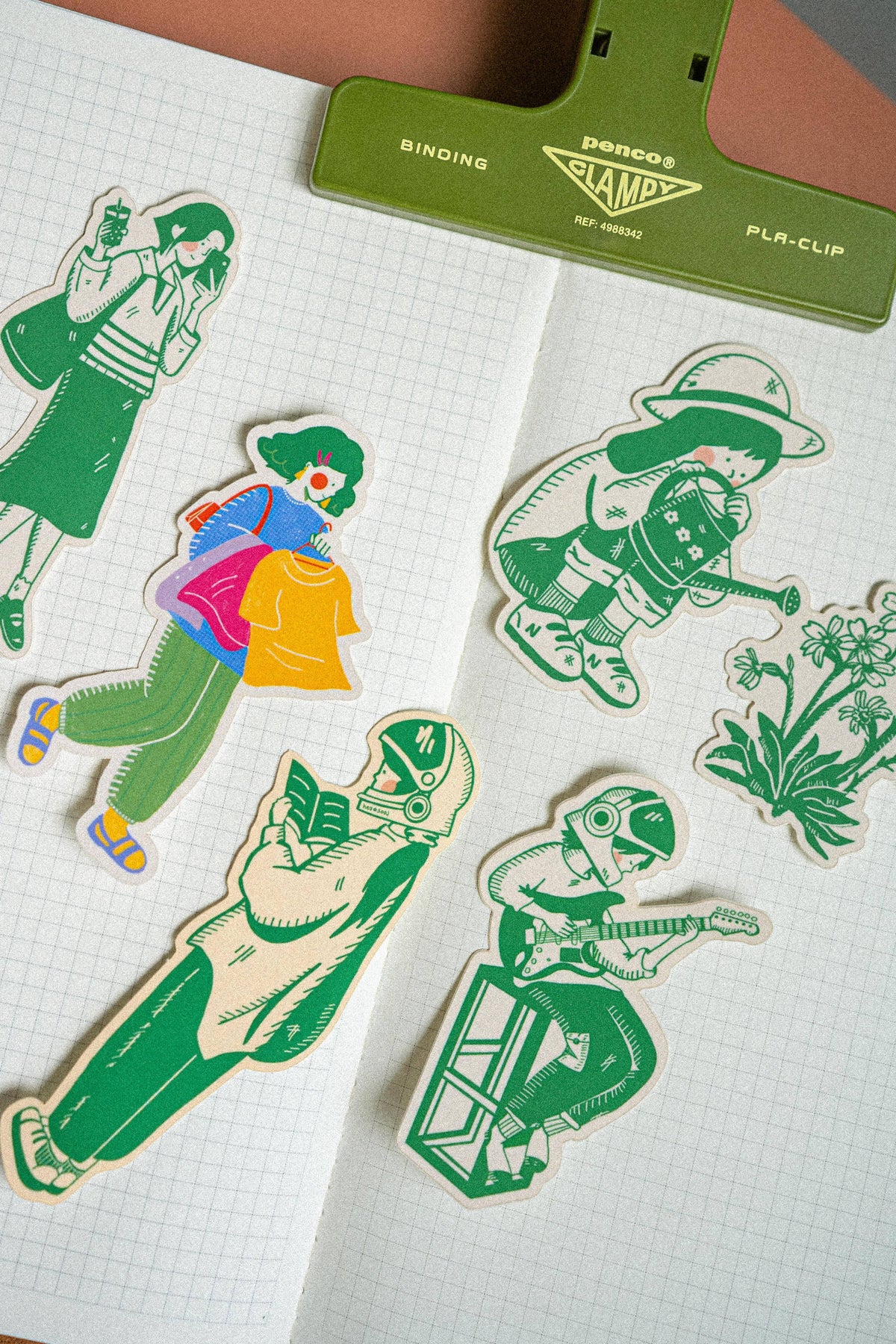 Gardener sticker displayed with other colorful illustrated vinyl stickers