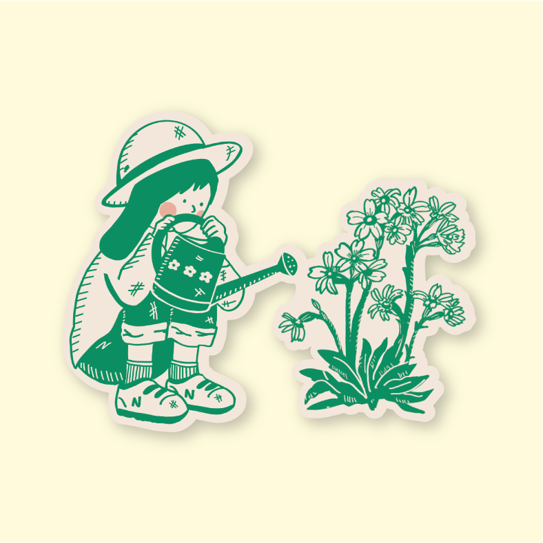 Green illustrated gardener watering flowers on a die-cut vinyl sticker