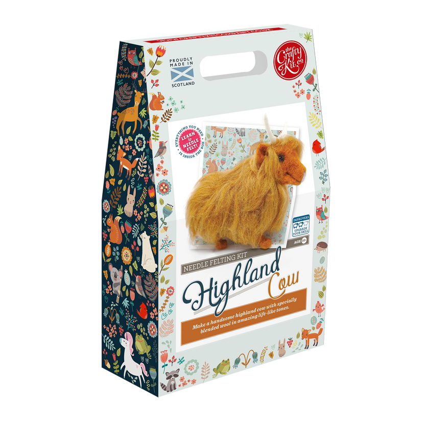 highland cow needle felting kit, heilan coo craft kit, scottish wildlife wool project, intermediate felting kit, The Crafty Kit Company cow, needle felt highland cow, improver level felting kit, Corriedale wool highland cow, handmade cow felting kit, gift for craft lovers