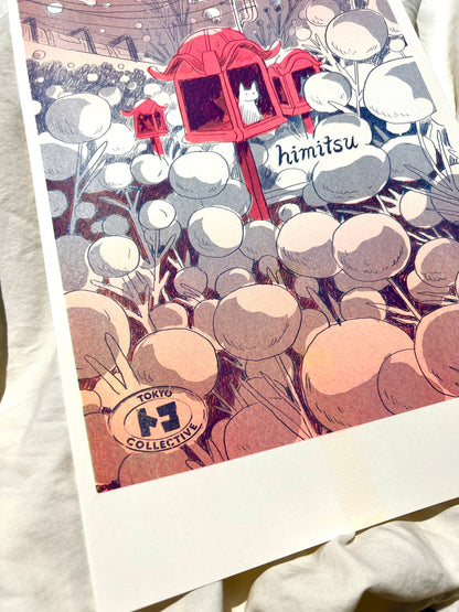 Tokyo Collective Himitsu print, Natalie Andrewson risograph, Himitsu anthology art print, fluorescent Riso art, Japanese anthology cover art, federal blue Riso ink print, narrative risograph illustration, Tokyo Collective artwork, indie printmaker art, large riso print 11x17, vibrant riso poster, reprinted risograph cover art, Natalie Andrewson Los Angeles studio, Rogue & Rye art collection.