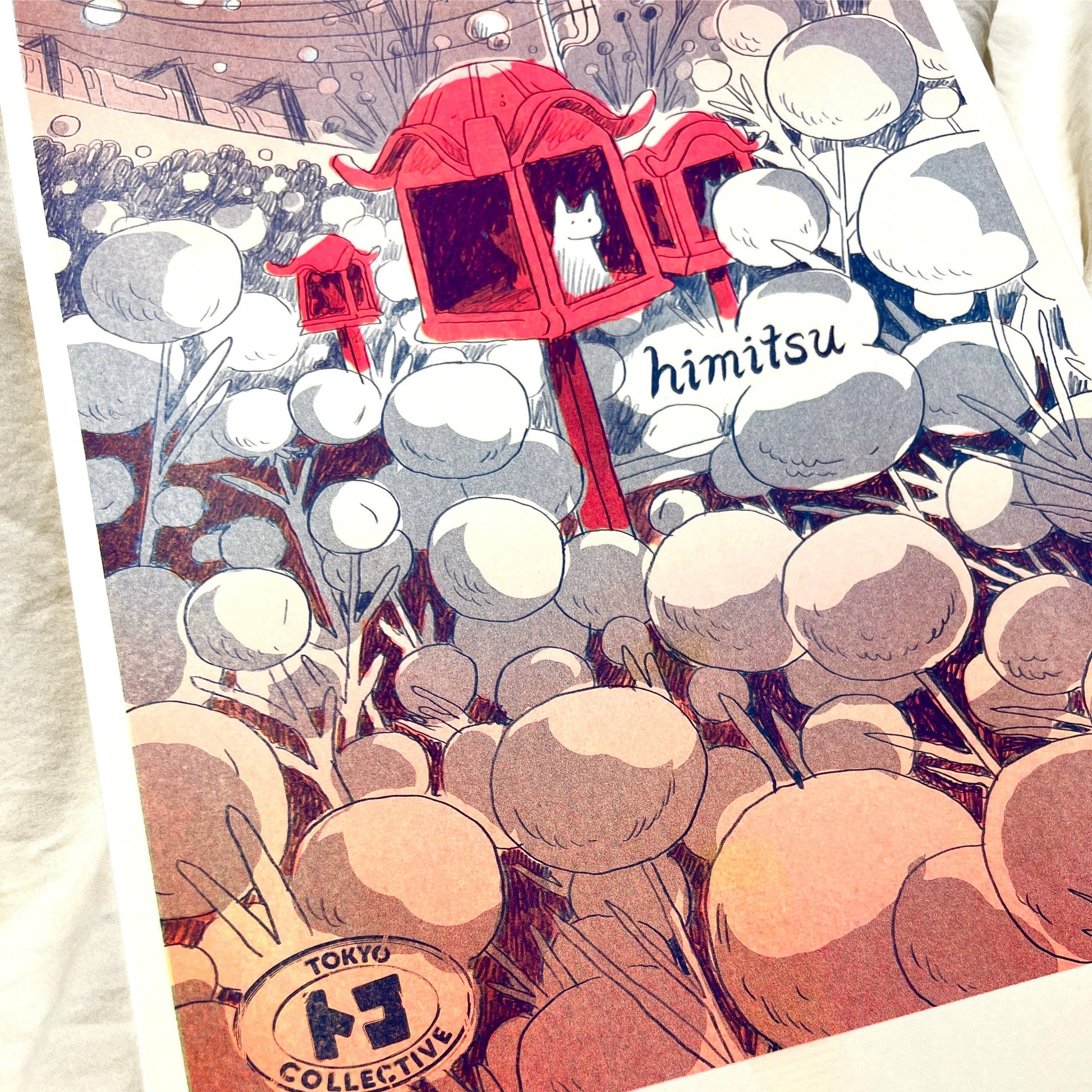 Tokyo Collective Himitsu print, Natalie Andrewson risograph, Himitsu anthology art print, fluorescent Riso art, Japanese anthology cover art, federal blue Riso ink print, narrative risograph illustration, Tokyo Collective artwork, indie printmaker art, large riso print 11x17, vibrant riso poster, reprinted risograph cover art, Natalie Andrewson Los Angeles studio, Rogue & Rye art collection.