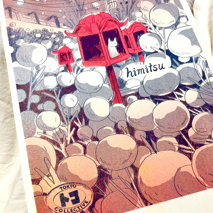 Tokyo Collective Himitsu print, Natalie Andrewson risograph, Himitsu anthology art print, fluorescent Riso art, Japanese anthology cover art, federal blue Riso ink print, narrative risograph illustration, Tokyo Collective artwork, indie printmaker art, large riso print 11x17, vibrant riso poster, reprinted risograph cover art, Natalie Andrewson Los Angeles studio, Rogue & Rye art collection.