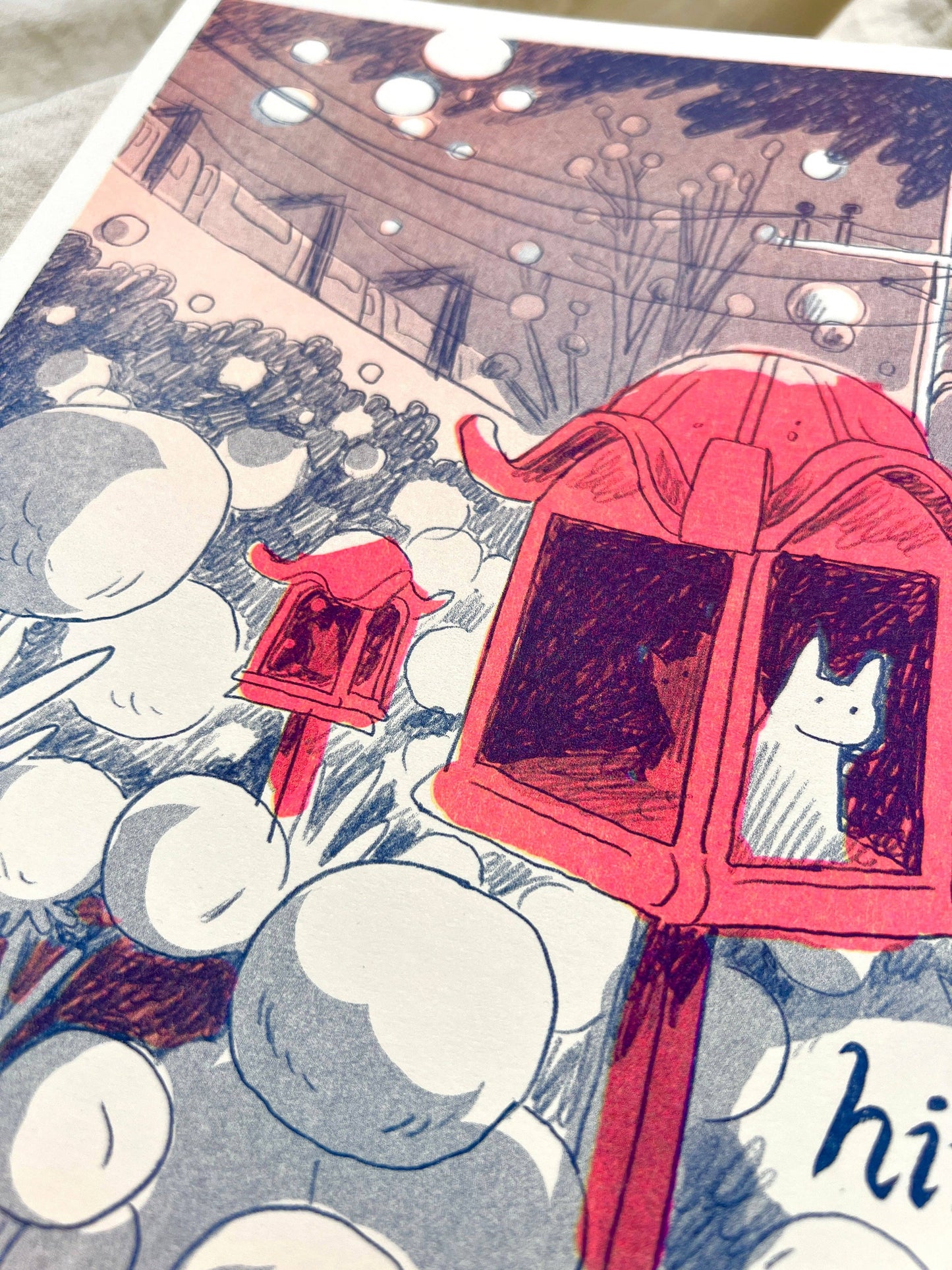 Tokyo Collective Himitsu print, Natalie Andrewson risograph, Himitsu anthology art print, fluorescent Riso art, Japanese anthology cover art, federal blue Riso ink print, narrative risograph illustration, Tokyo Collective artwork, indie printmaker art, large riso print 11x17, vibrant riso poster, reprinted risograph cover art, Natalie Andrewson Los Angeles studio, Rogue & Rye art collection.