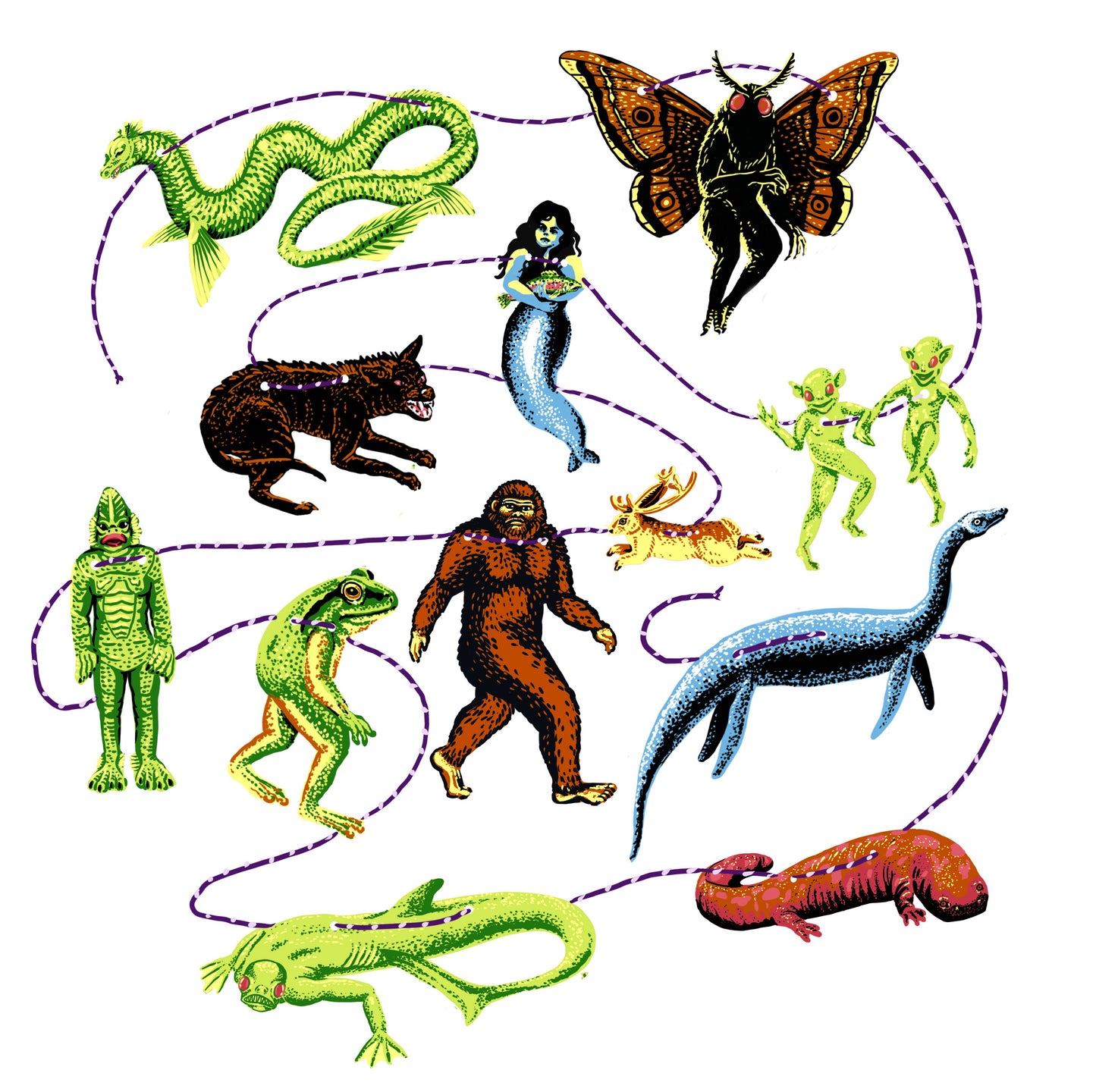Hissing Mink Cryptids of North America paper garland featuring Sasquatch, Jackalope, Ogopogo, Champ, and other legendary folklore creatures